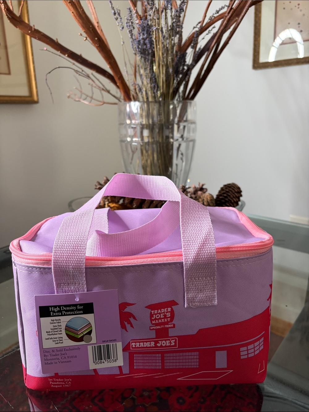 Trader Joe's lilac purple Insulated Lunch Tote with pink Zip NWT